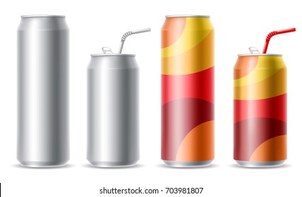 Set of realistic metallic cans for beer or soft drink. Blank metallic cans, ready for new design. 500 and 300 ml. Isolated vector illustration