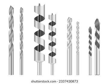 set of realistic metallic drill bits or metal work steel tools. eps vector
