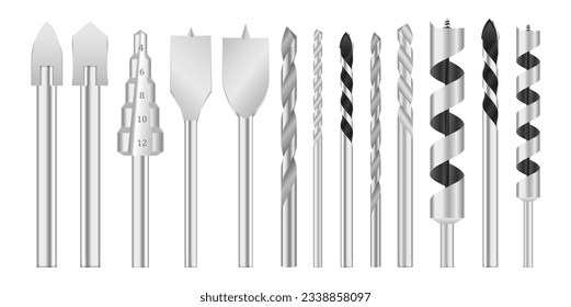 set of realistic metallic drill bits or metal work steel tools. eps vector