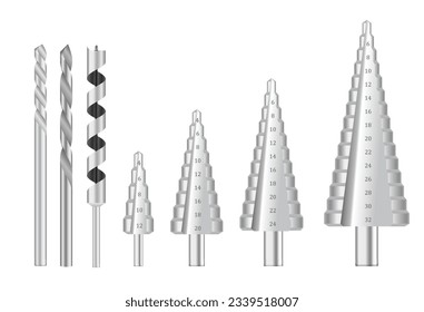 set of realistic metallic drill bits or metal work steel tools. eps vector