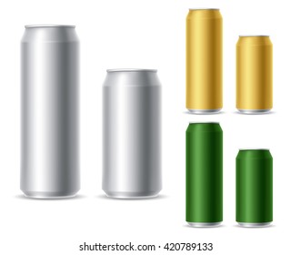 Set of realistic metallic, golden and green beer cans. Blank beer cans, ready for new design. 500 and 300 ml. Isolated vector illustration