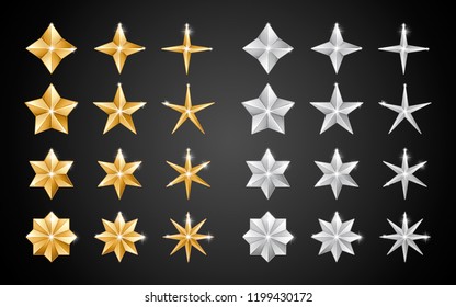 Set of realistic metallic golden and silver stars of different shapes isolated on a black background