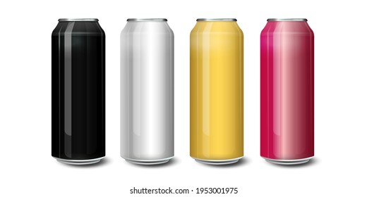 Set of realistic metallic, mockup beer cans. Blank beer cans, ready for new design. 500 and 300 ml. Isolated vector illustration
