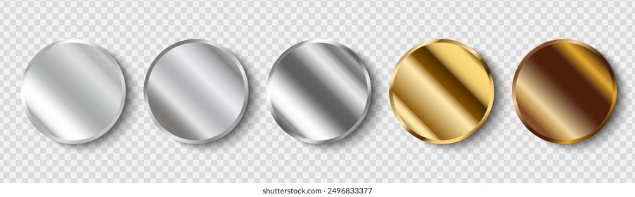 Set of realistic metallic round stickers or frames. Silver and gold round medals or badges.