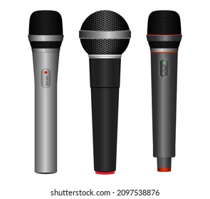 set of realistic microphone isolated or music studio mic equipment or 3d microphone for karaoke and concert. eps vector

