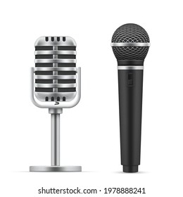 Satz von realistischen Mikrofonen, Vektorgrafik. Professionelle oder Amateur-Musik-Studio-Soundausrüstung reproduzieren einzeln. Multimedia für Karaoke, Konzerte, Live-Zeichen oder Tonaufnahmen