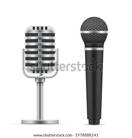 Set of realistic microphones vector illustration. Professional or amateur music studio sound equipment reproduce isolated. Mic media for karaoke, concert, live sign or recording audio broadcasting