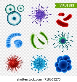 Set of realistic microscopic viruses of various color and shape isolated on transparent background 3d vector illustration Set of realistic microscopic viruses of various color and shape isolated on transparent background 3d vector illustration