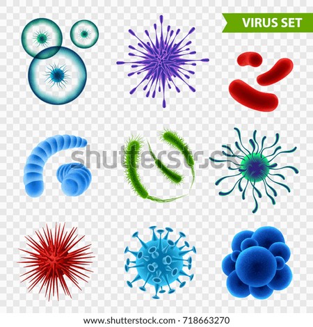 Set of realistic microscopic viruses of various color and shape isolated on transparent background 3d vector illustration 