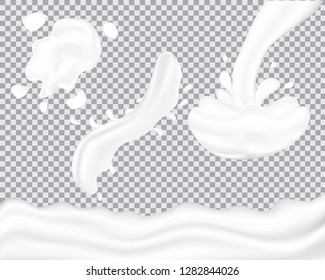 Set of realistic milk splash and pouring. Vector illustration of realistic natural dairy products. Liquid creamy white texture.