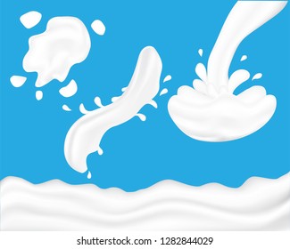 Set of realistic milk splash and pouring. Vector illustration of realistic natural dairy products. Liquid creamy white texture.