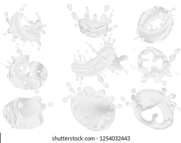 Set of realistic milk splashes isolated against a white background. Vector illustration