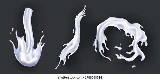 Set of realistic milk splashes. Pouring white liquid or dairy products. Sample advertising realistic natural dairy products, yogurt or cream, isolated on dark background