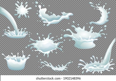 Set of realistic milk splashes of various shape with drops isolated on transparent background vector illustration.