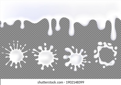 Conjunto de salpicaduras de leche realistas de diversas formas con gotas aisladas en ilustración vectorial transparente de fondo.