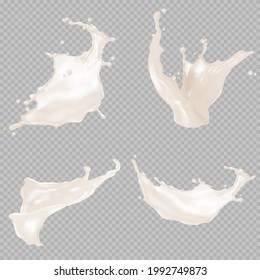 Conjunto de salpicaduras de leche realistas de diversas formas con gotas aisladas en ilustración vectorial transparente de fondo.