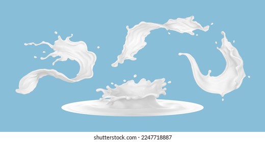 Conjunto de salpicaduras de leche realistas de varias formas con gotas aisladas en el fondo azul. Ilustración del vector