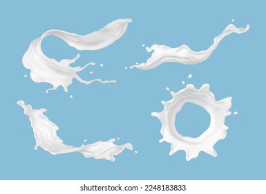 Set of realistic milk splashes of various shape with drops isolated on blue background. Vector illustration