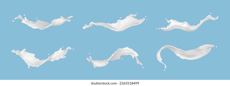 Set of realistic milk splashes of various shape with drops isolated on blue background. Vector realistic illustration