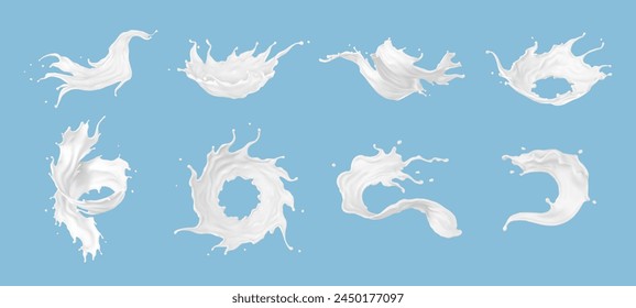 Conjunto de salpicaduras de leche realistas de varias formas con gotas aisladas sobre fondo azul. Ilustración vectorial