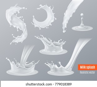 Set of realistic milk splashes of various shape with drops isolated on grey background vector illustration 