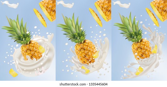 Set of realistic milk splashing together with pineapple isolated on white background. Vector illustration