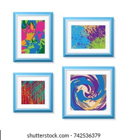 Set of Realistic Minimal Isolated Blue Frames with Abstract Art Scenes on White Background for Presentations . Vector Elements