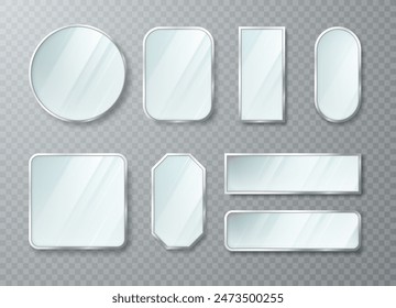 A set of realistic mirrors of different shapes with a metal frame. Vector illustration.