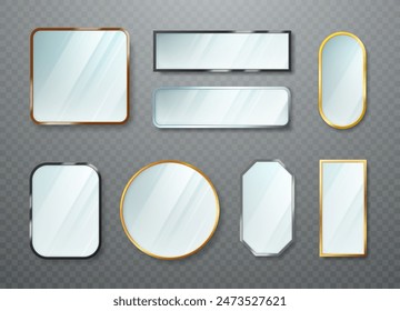 A set of realistic mirrors of different shapes with frames of different colors. Vector illustration.