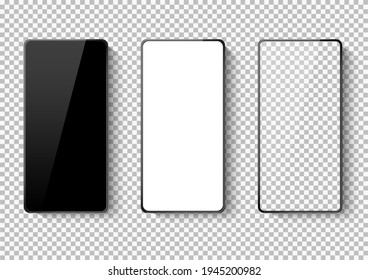 Set of realistic mobile phone. Front view of smartphone with empty screen isolated mock-up. Object vector on transparent background