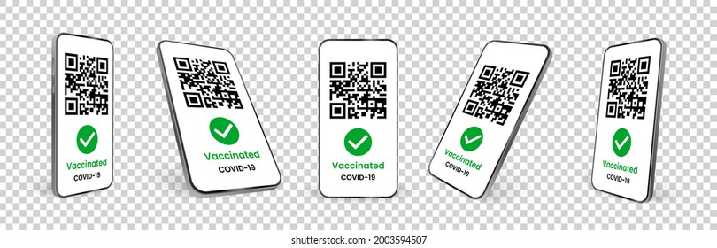 Set Of Realistic Mobile Phones With Covid 19 Vaccination Certificates. App. Template For Tourist Electronic Passports Without Coronavirus. Transparent Background. Mockup. Isolated 3d Vector