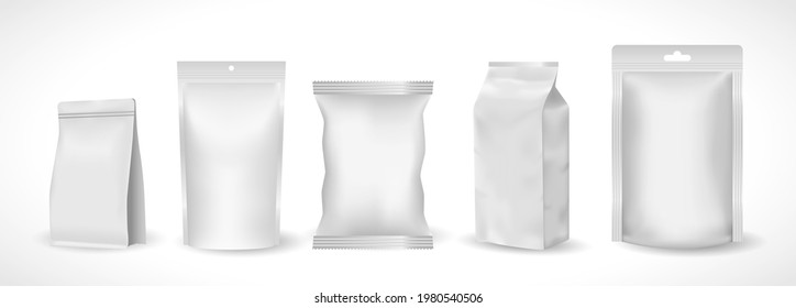 set of realistic mock up plastic pocket product or zip package foil bag or template baked chips snack food or blank template flexible pouch realistic. eps vector