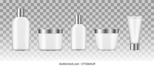 Set of realistic mockup cosmetic white clean bottles. 3d various blank container mock-ups, including jar, pump bottle, cream tube isolated on transparent background. Realistic cosmetic package. Vector