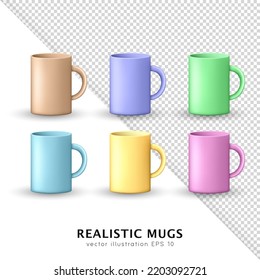 Set of realistic mockup of different colorful clean empty mugs isolated on transparent background. Template of 3d ceramic matte cups for printing logo, brand. Easy to change colors