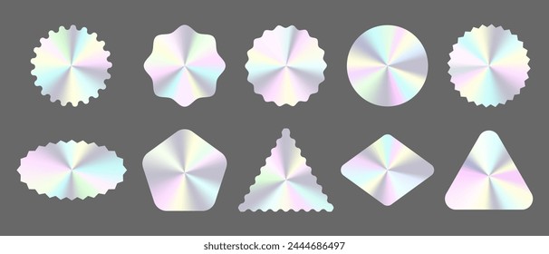 Set of realistic mockup hologram stickers, labels, stamps with different shapes. Elements with jagged edges. Vector illustration of silhouette blank for tag, badge, certificate, coupon