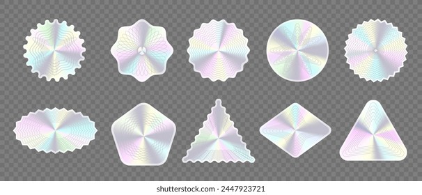 Set of realistic mockup hologram stickers, labels, stamps with different shapes. Elements with jagged edges. Vector illustration of silhouette blank for tag, badge, certificate, coupon