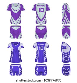 Set of realistic mockup, men, women t-shirt, fashion short. Sports short shorts, sleeve t-shirt, casual wear, football form. Template clothes mockup, football t-shirt. Front view. Vector illustration.