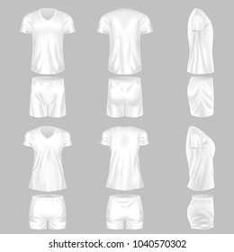 Set of realistic mockup, men and women t-shirt and fashion shorts. Sports short shorts, sleeve short t-shirt, football t-shirt. Template fashion clothes mockup tshirt. Front view. Vector illustration.