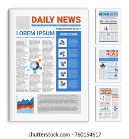 Set of realistic mockup newspapers with global and business news on front page isolated vector illustration