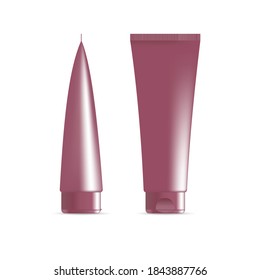 conjunto realista de objeto rosa de maquillaje de crema de cuidado de la piel de tubo cosmético, pasta de dientes, champú, con tapa, vista lateral, vista frontal, objeto en el baño, para el tocador, cerrado sobre fondo blanco