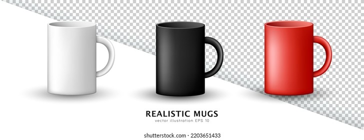 Set Of Realistic Mockup Of White, Black And Red Clean Empty Mugs Isolated On Transparent Background. Template Of 3d Ceramic Matte Cups For Printing Logo, Brand. Easy To Change Colors