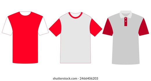 Set of realistic mockups of men's t-shirts with front view on white background, blank textile print design templates for fashion clothing - vector illustration