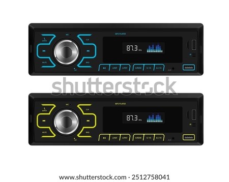 Set of realistic modern car stereo with two colors