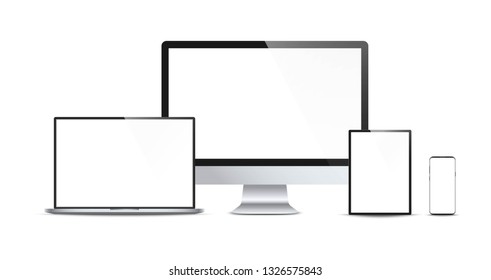 Set of realistic modern devices - desktop computer monitor, laptop, tablet, smartphone. Electronic gadgets isolated on white background. Mock up template for your design. Vector illustration