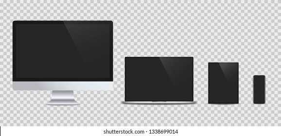Set of realistic modern devices - desktop computer monitor, laptop, tablet, smartphone. Electronic gadgets isolated on transparent background. Mock up template for your design. Vector illustration