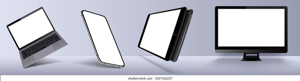 Set realistic of modern devices mockups with blank frameless screens: monitor, laptop, tablet, smartphone. Template for infographics or presentation. Vector illustration