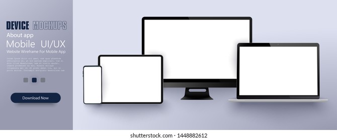 Set realistic of modern devices mockups with blank frameless screens: monitor, laptop, tablet, smartphone. Template for infographics or presentation. Stock Vector illustration