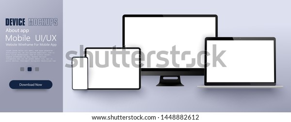 空のフレームレス画面を使用して 現代のデバイスのモックアップをリアルに設定します モニタ ノートパソコン タブレット スマートフォン インフォグラフィックまたはプレゼンテーション用のテンプレート ベクター画像素材イラスト のベクター画像素材
