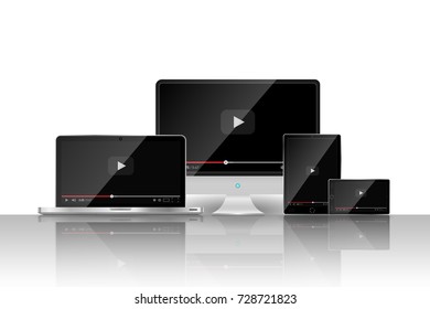 Set of realistic modern digital devices with reflections on white background. Video player template. Vector illustration