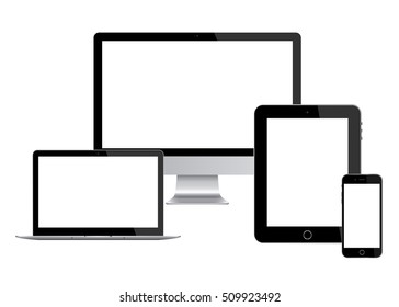 Set Of Realistic Modern Monitor, Laptop, Computer, Phone, Tablet Isolated On White Background. Mock Up Vector Illustration